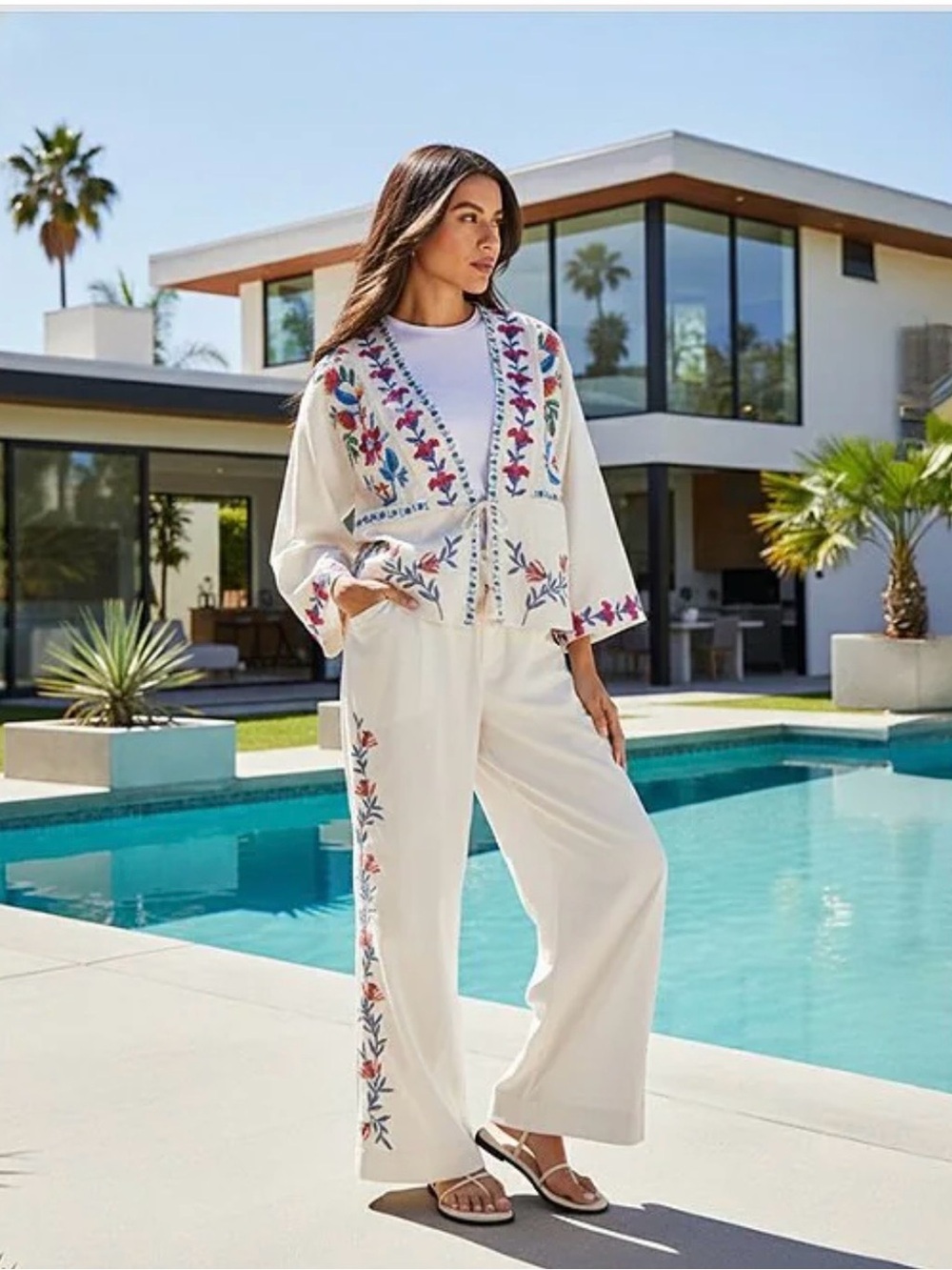 Johnny Was Embroidered White Wide-Leg Pants NWT XXL